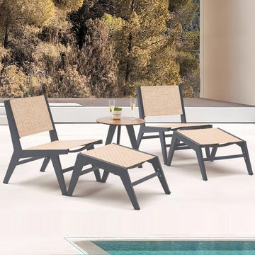 5Pcs Rustic Rattan Aluminum Outdoor Patio Lounge Chair Set Round Coffee Table & Stool